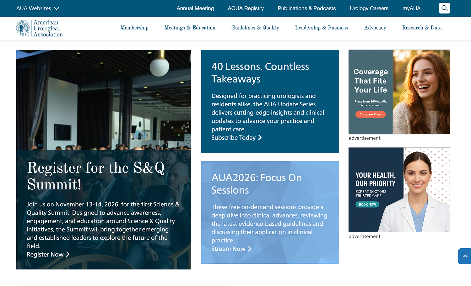 American Urological Association Website homepage